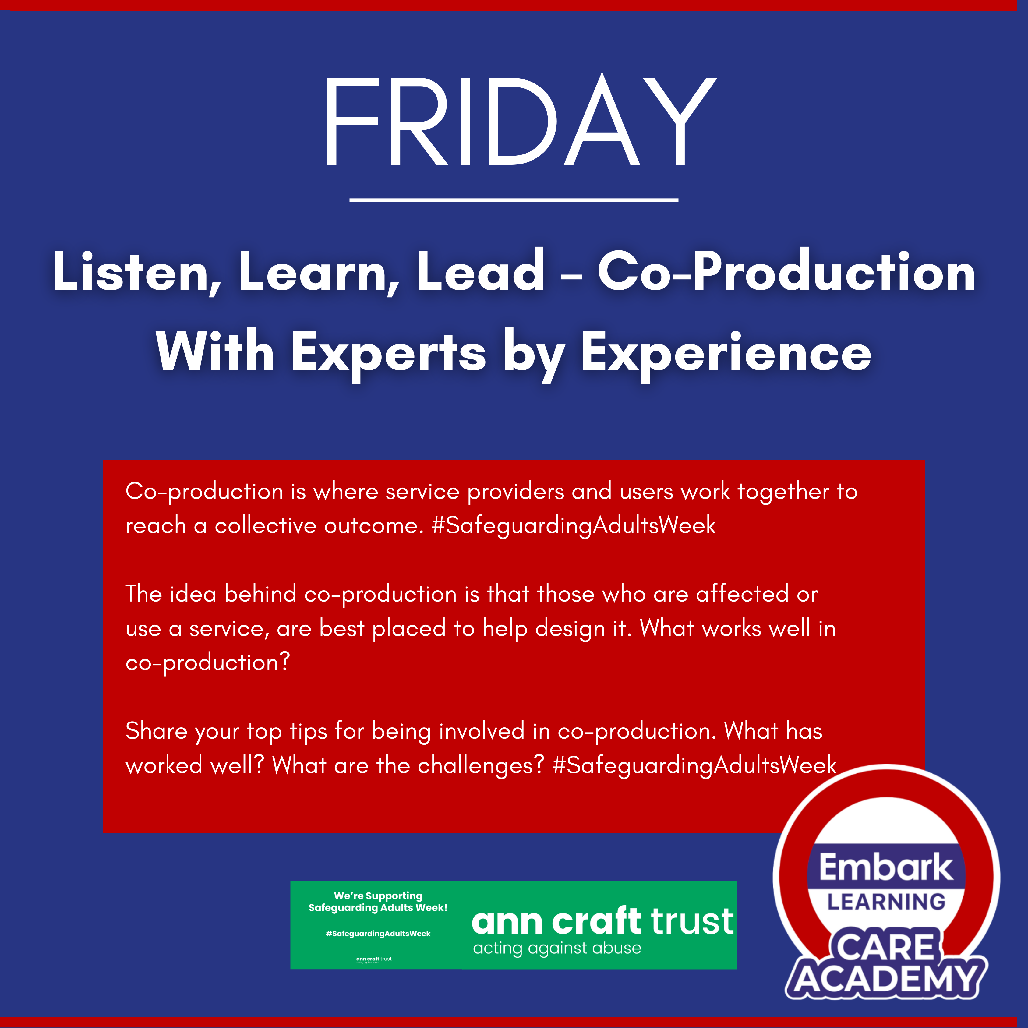 Listen, Learn, Lead #SafeguardingAdultsWeek - Embark Learning Care Academy